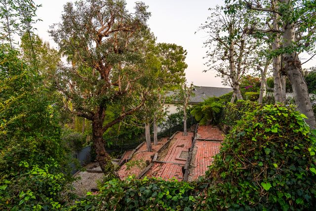 Terraced brick pathways and tall trees.