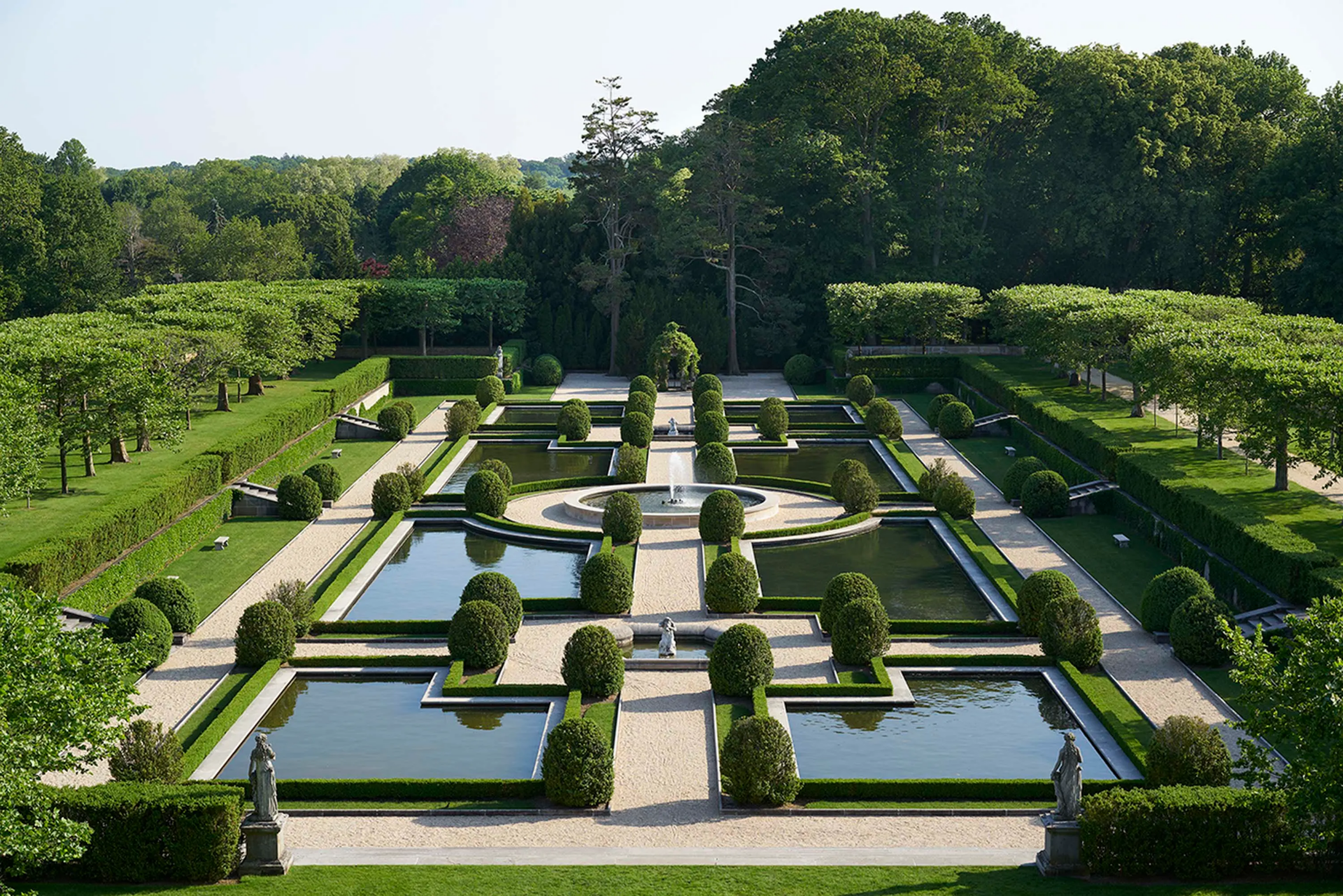 Formal garden with nine reflecting pools and three fountains.