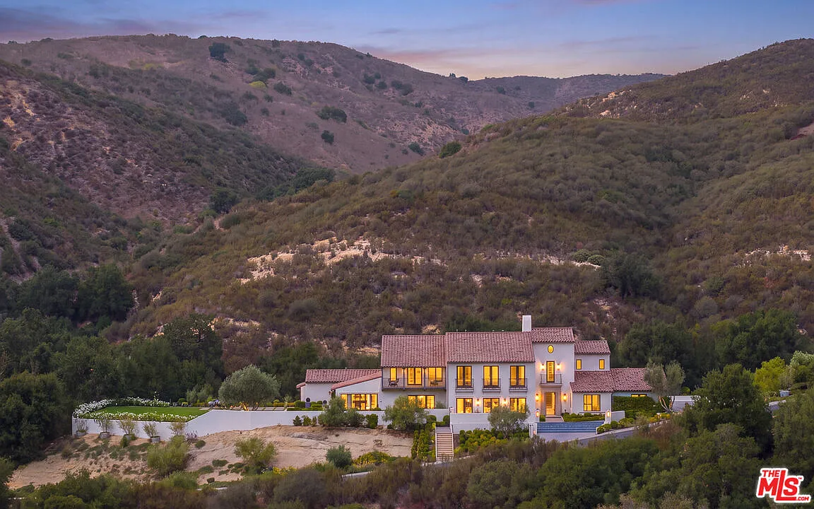 Aerial view of David Tutera's Calabasas home at sunset.